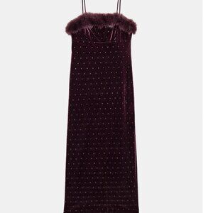 Velvet Beaded Faux Fur Midi Dress